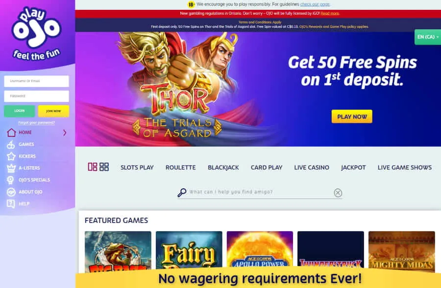 PlayOJO Casino main page