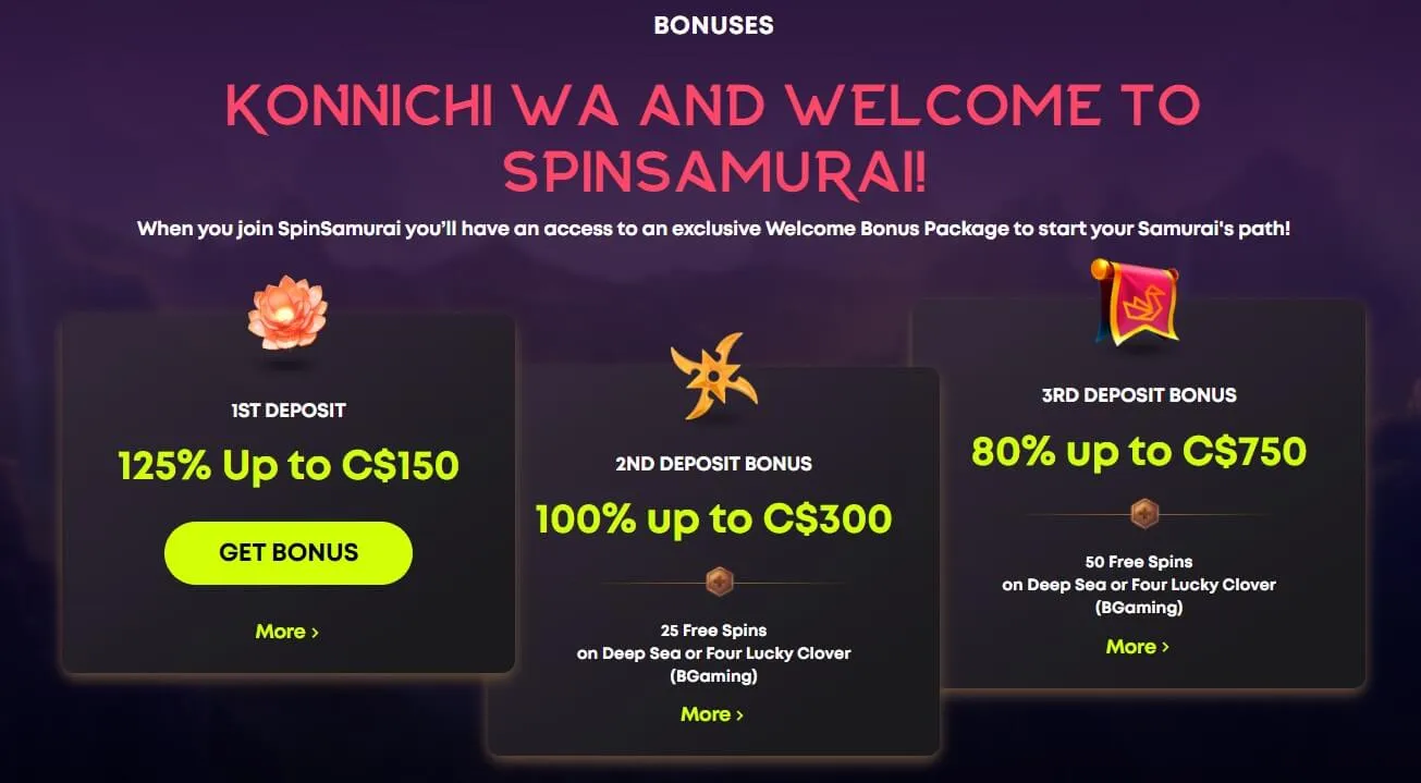 SpinSamurai casino bonusses